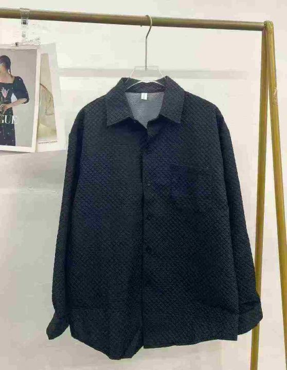 菱形纹理翻领长袖衬衫