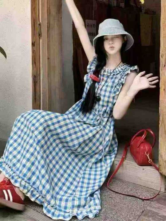 女装复古蓝色格子连衣