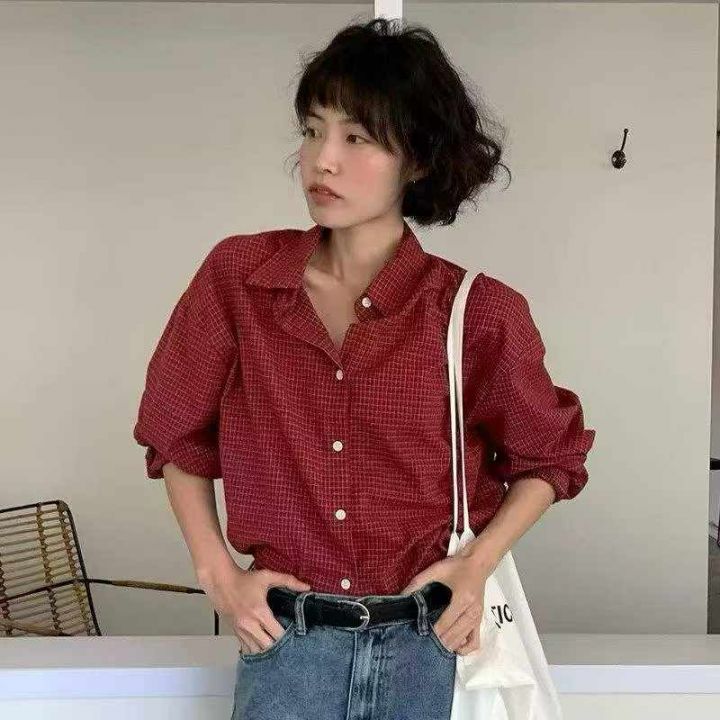 复古休闲格纹长袖衬衫
