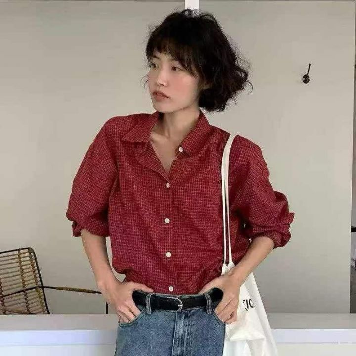 复古休闲格纹长袖衬衫