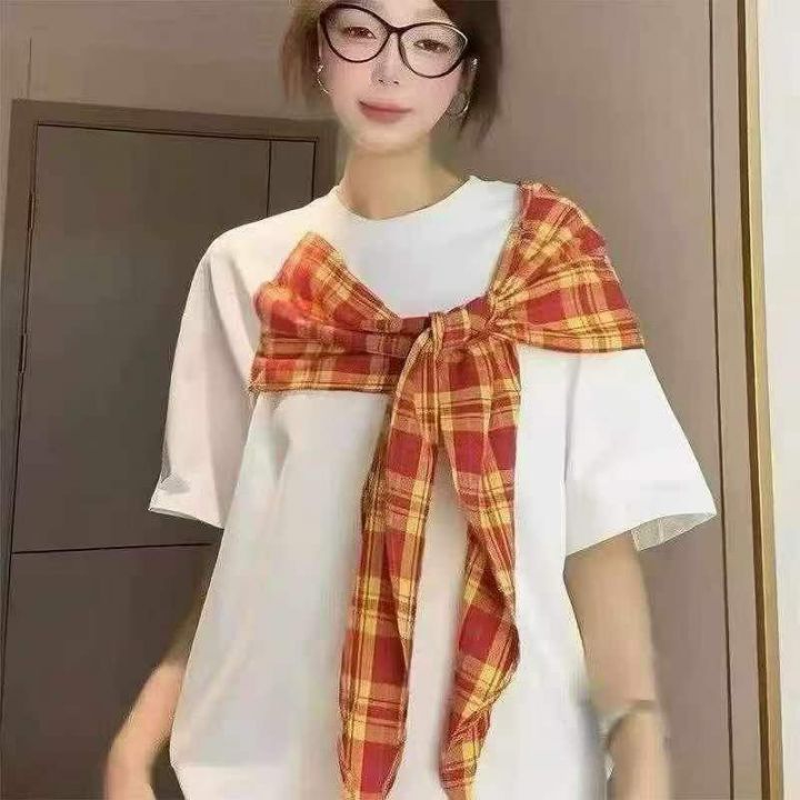 蝴蝶结围巾短袖T恤女