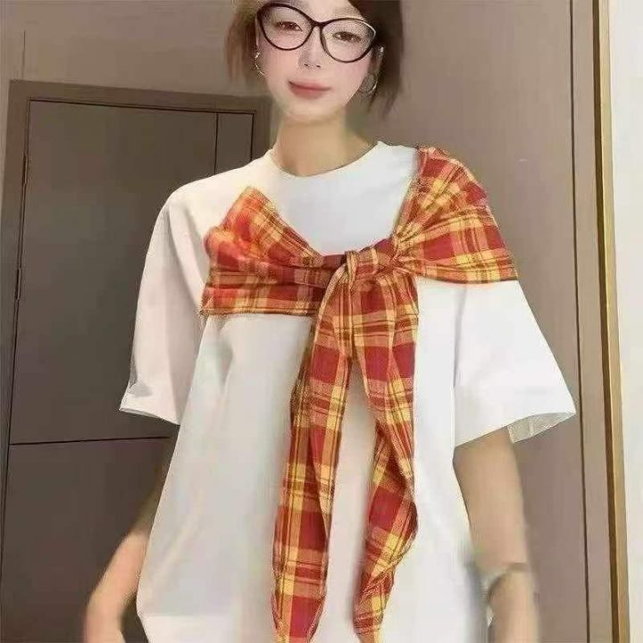 蝴蝶结围巾短袖T恤女