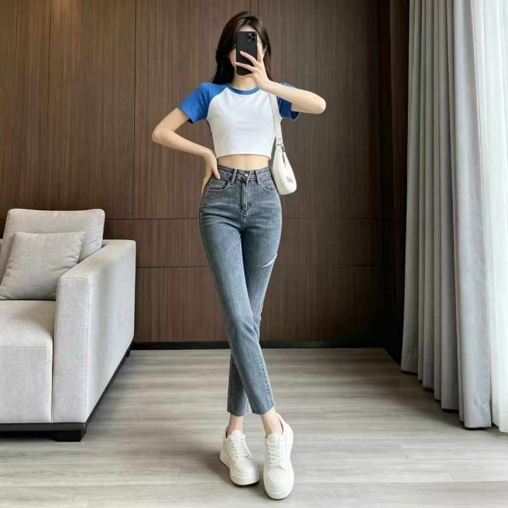 女装侧边破洞弹力毛边