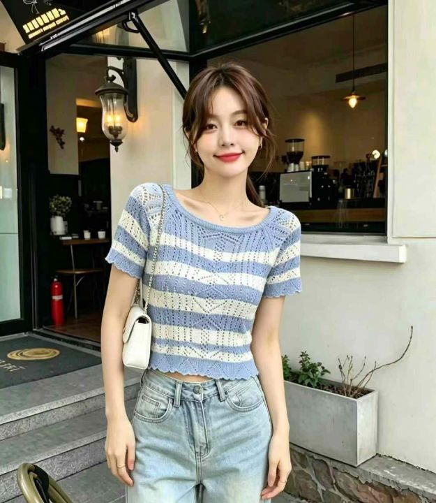夏季新款撞色条纹方领