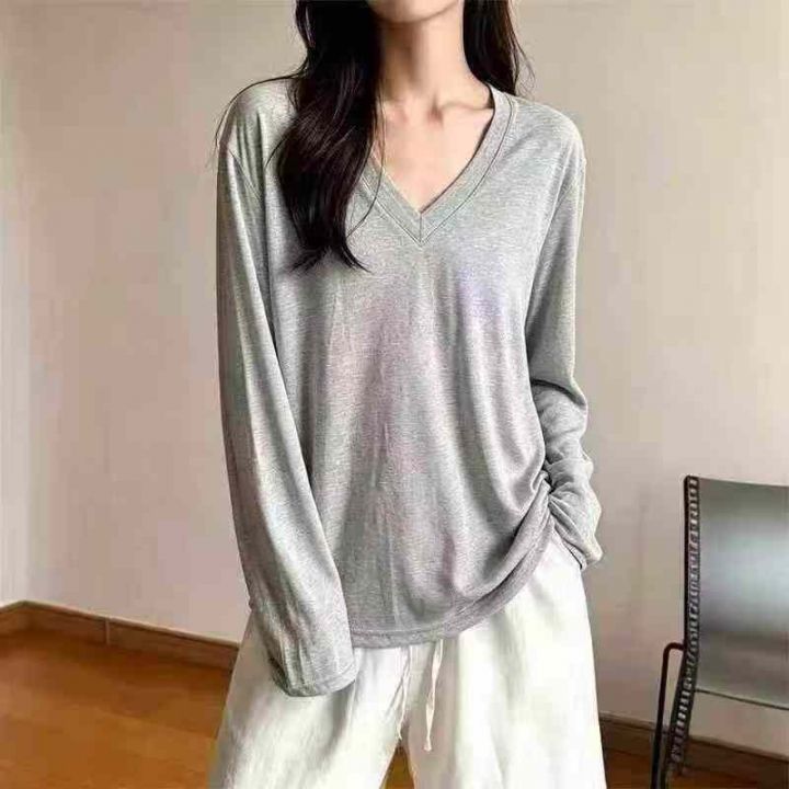 纯棉V领长袖体恤女松