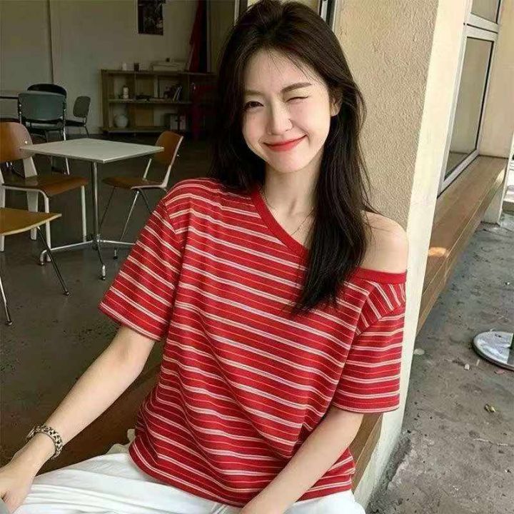 ️美式韩系红色条纹斜
