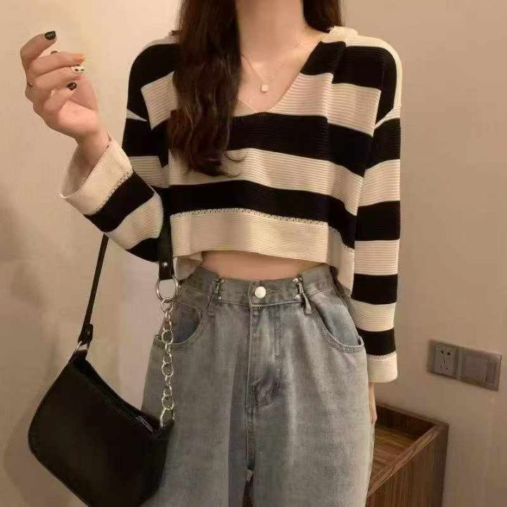 春季新款撞色条纹短款