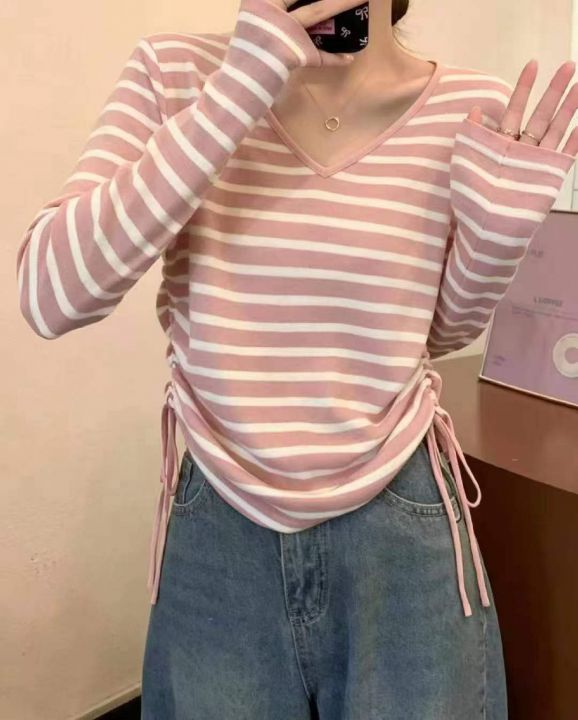 春秋新款韩系V领撞色
