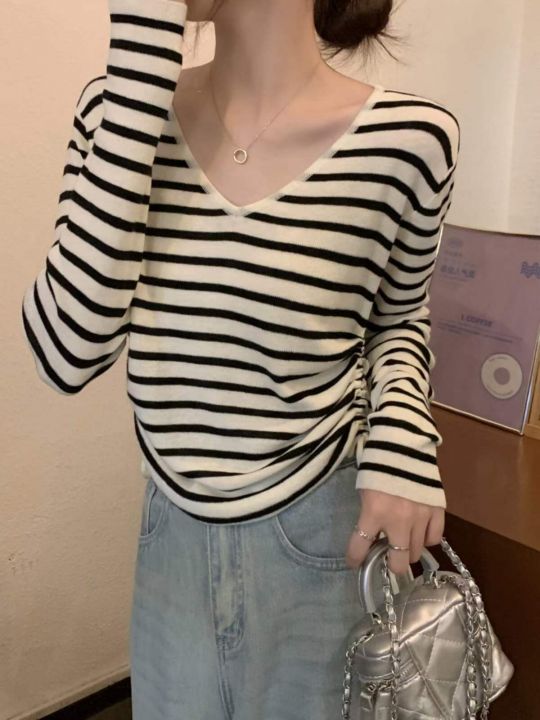 春秋新款韩系V领撞色