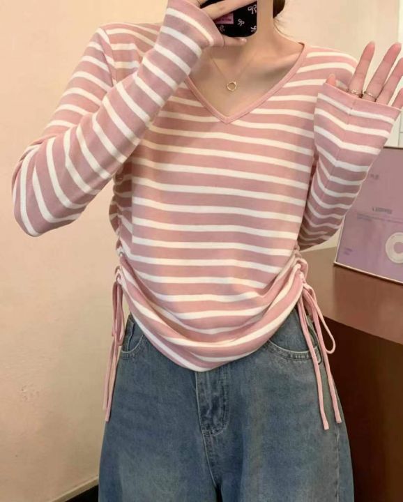 春秋新款韩系V领撞色