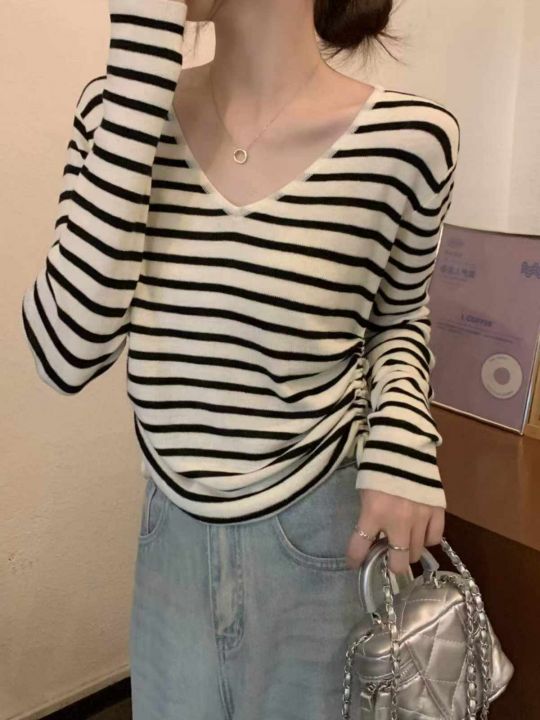春秋新款韩系V领撞色