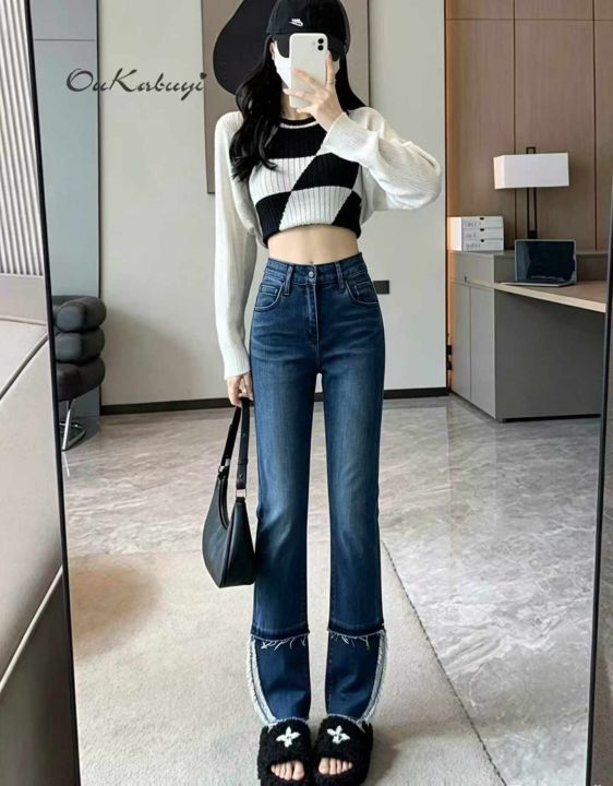 复古毛边开叉牛仔裤女