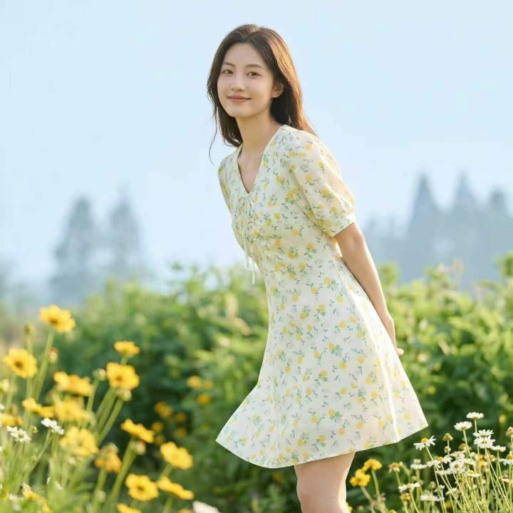 女装连衣裙夏日柠香V