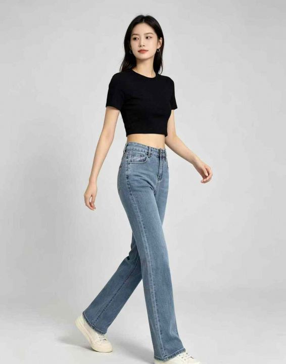 高腰女士弹力阔腿牛仔