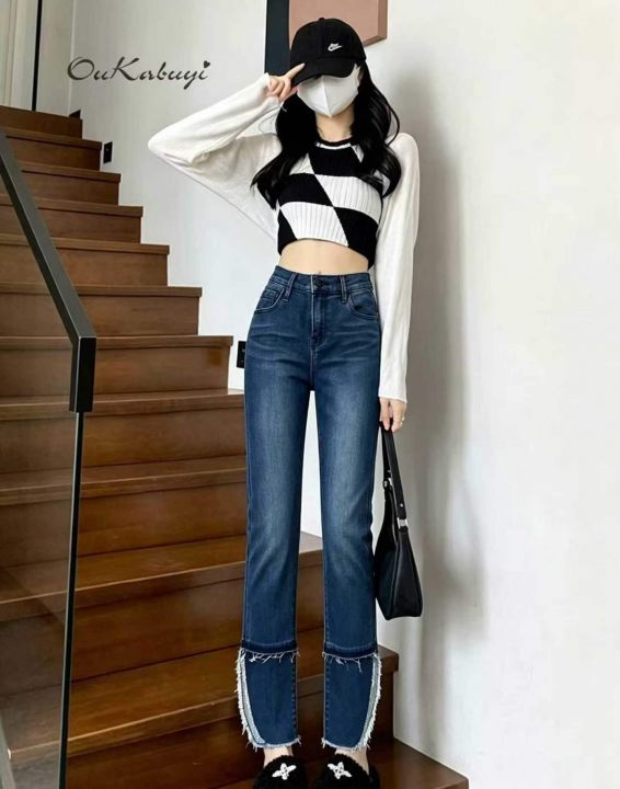 复古毛边开叉牛仔裤女