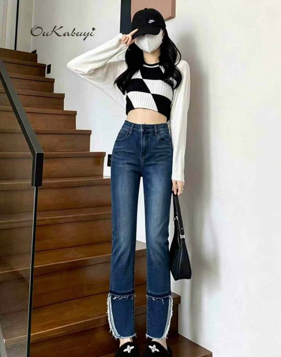 复古毛边开叉牛仔裤女