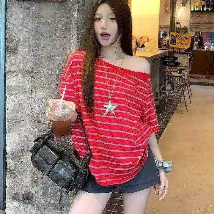 ️美式韩系红色条纹斜