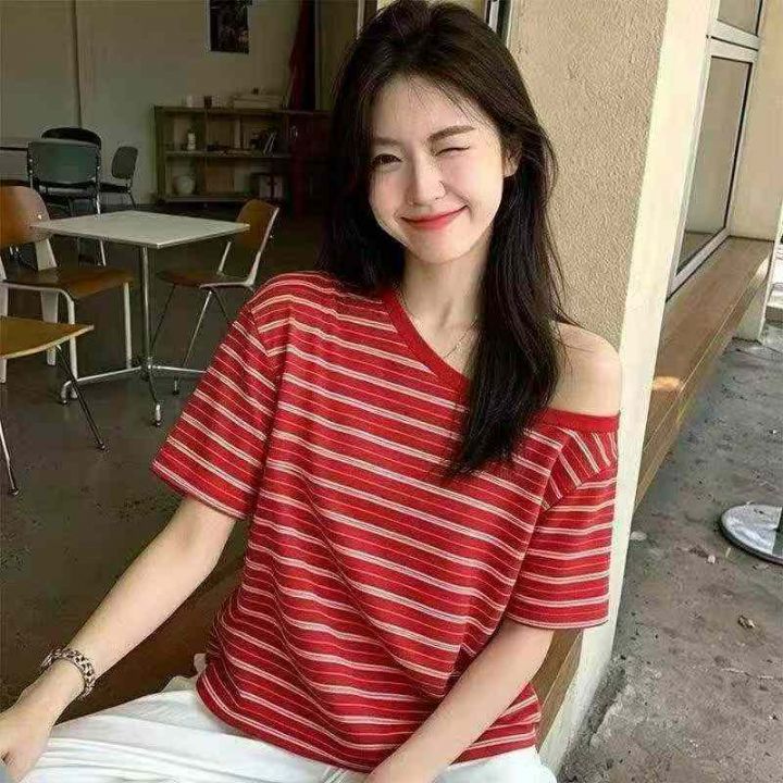 ️美式韩系红色条纹斜