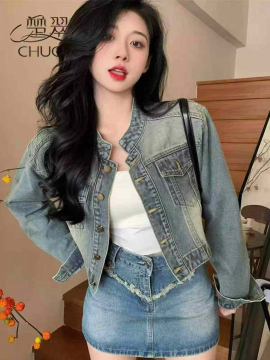 复古蓝牛仔短外套女新