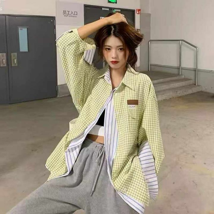 春秋韩系假两件格子衬