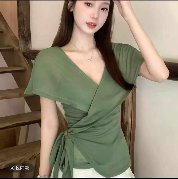 ♍绿色V领交叉绑带显