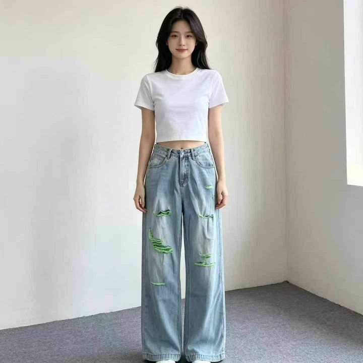 高街风绿色毛边破洞牛