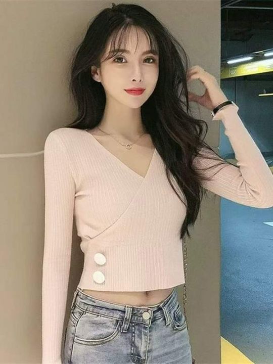 春秋新款纯欲辣妹V领