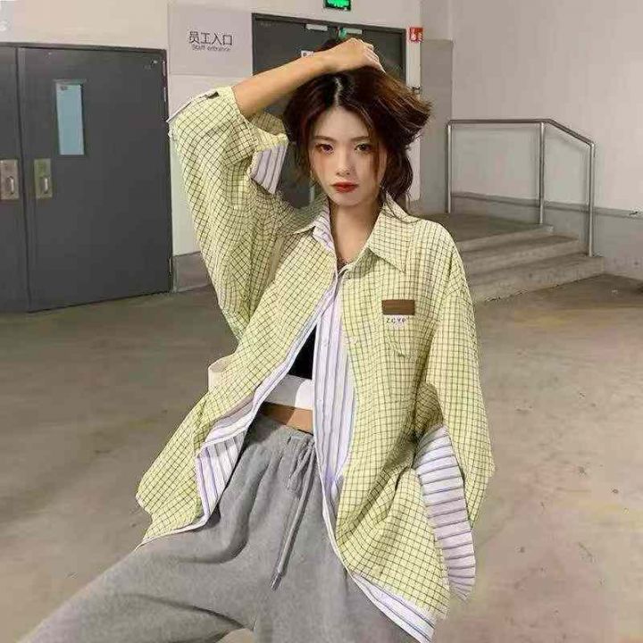 春秋韩系假两件格子衬