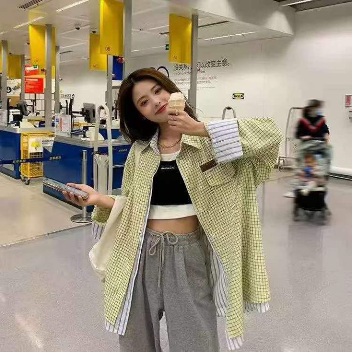 春秋韩系假两件格子衬