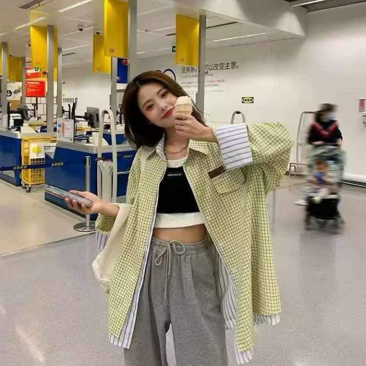春秋韩系假两件格子衬