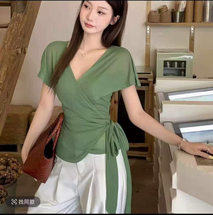 ♍绿色V领交叉绑带显