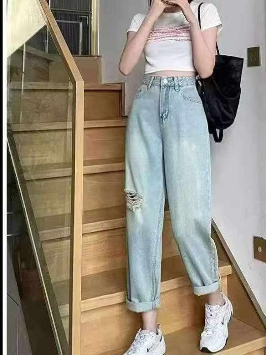 高弹力直筒牛仔裤女春