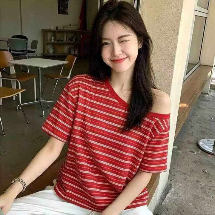 ️美式韩系红色条纹斜