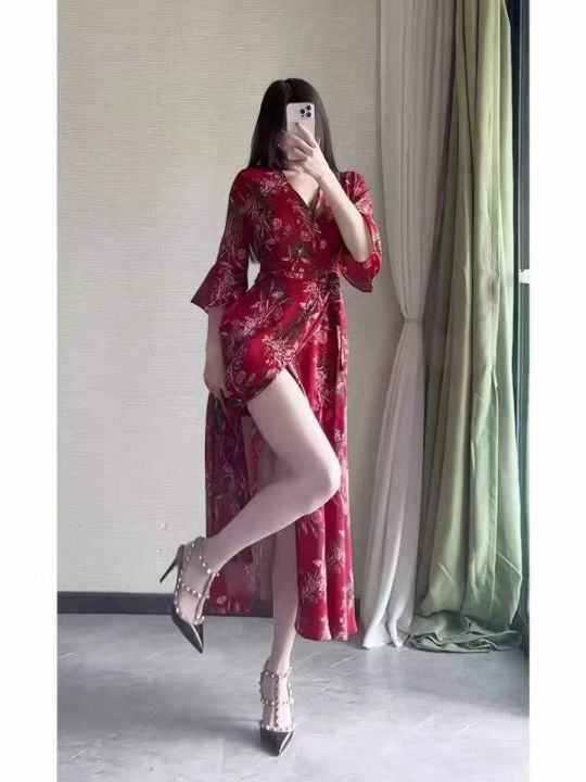 夏季修身V领系带荷叶