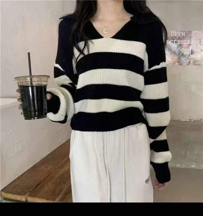 秋冬新款撞色条纹宽松