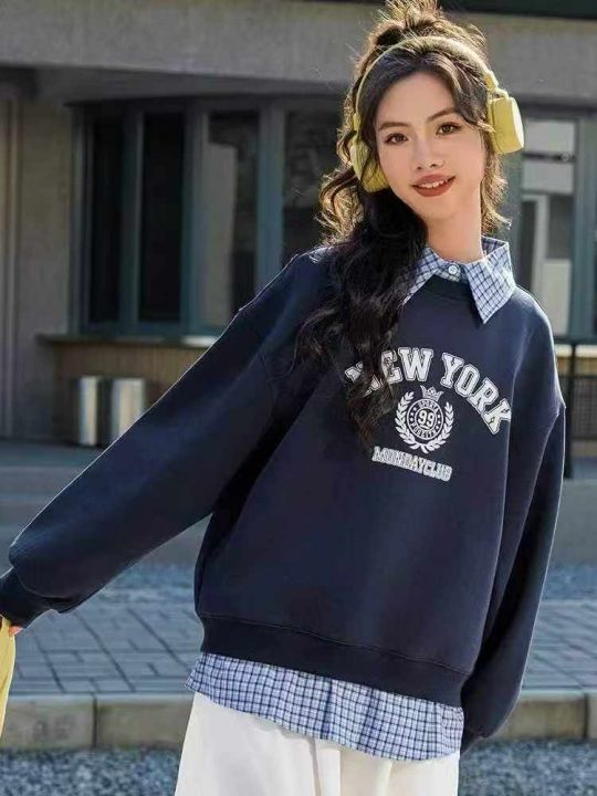 格子拼接假两件新款卫
