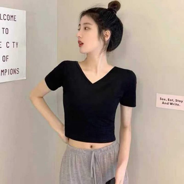 v领短袖t恤女短款i