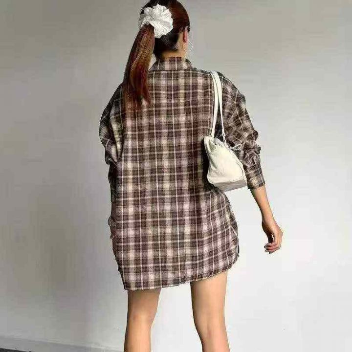 女装格子宽松版衬衣，