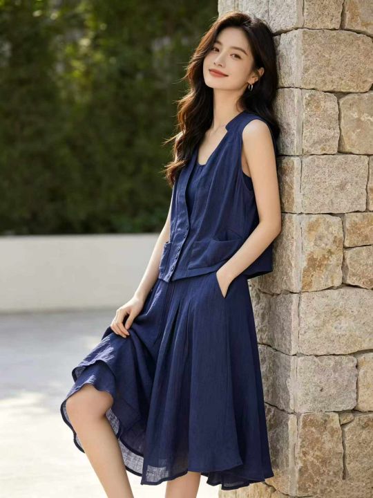 日系复古亚麻两件套女