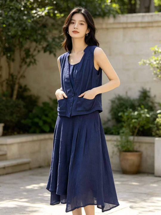 日系复古亚麻两件套女