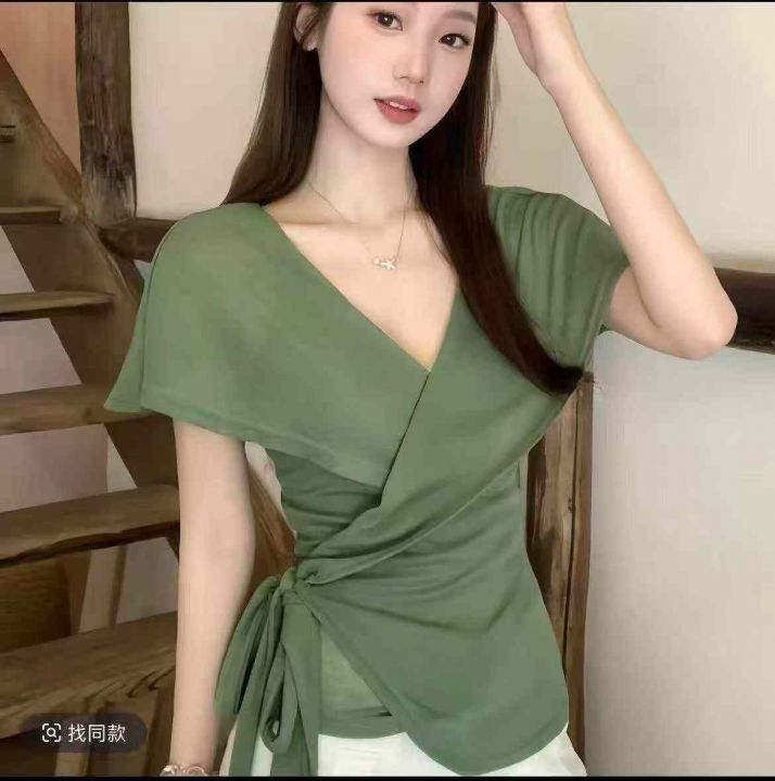 ♍绿色V领交叉绑带显