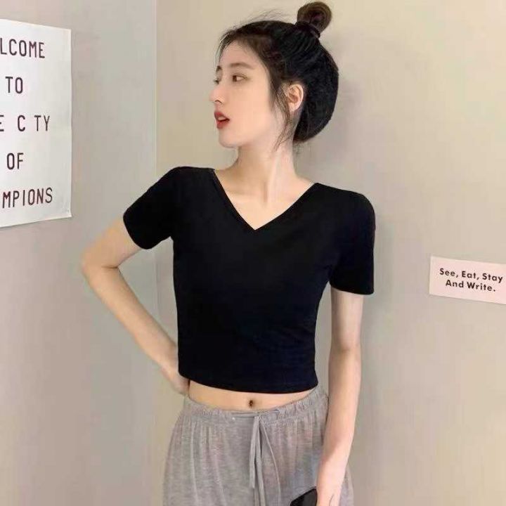 v领短袖t恤女短款i