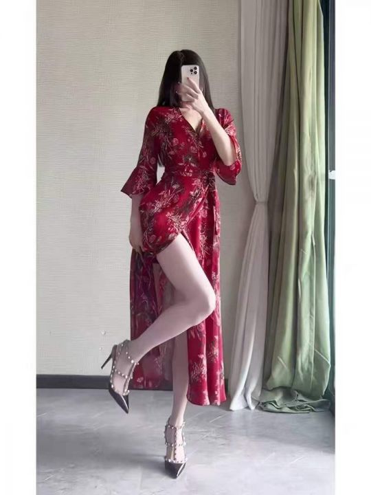 夏季修身V领系带荷叶