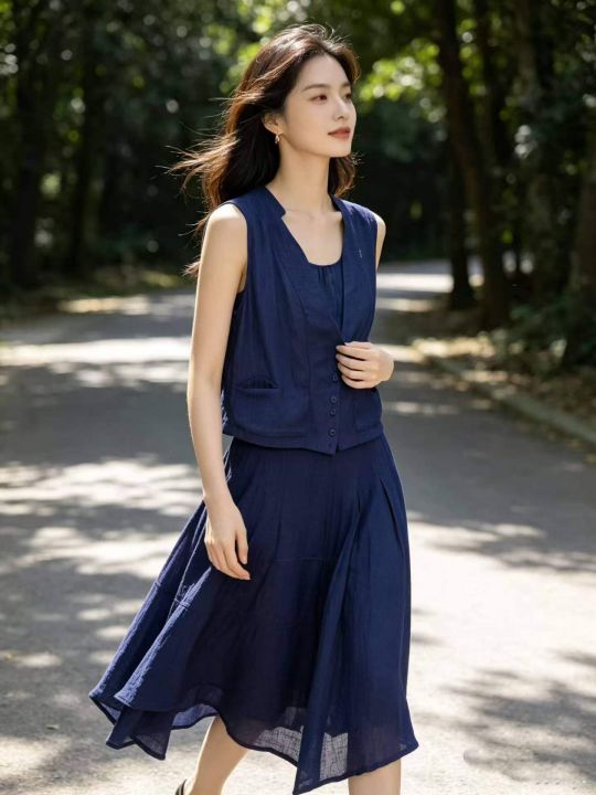 日系复古亚麻两件套女