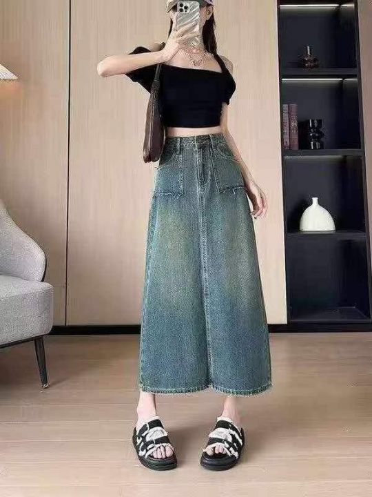 美式复古高腰牛仔半身