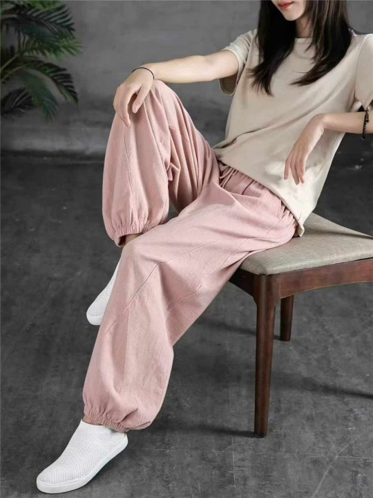 棉麻女装束脚休闲裤，
