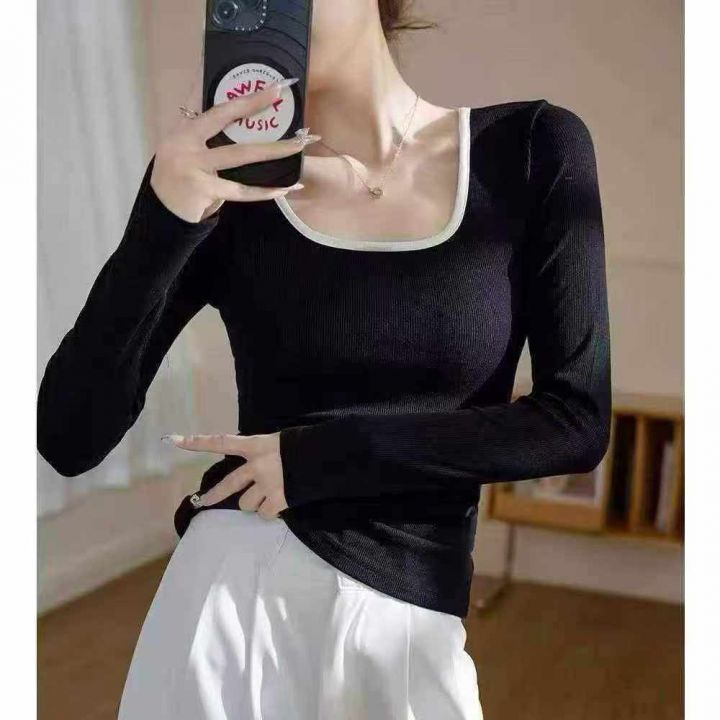 撞色方领打底衫女内搭