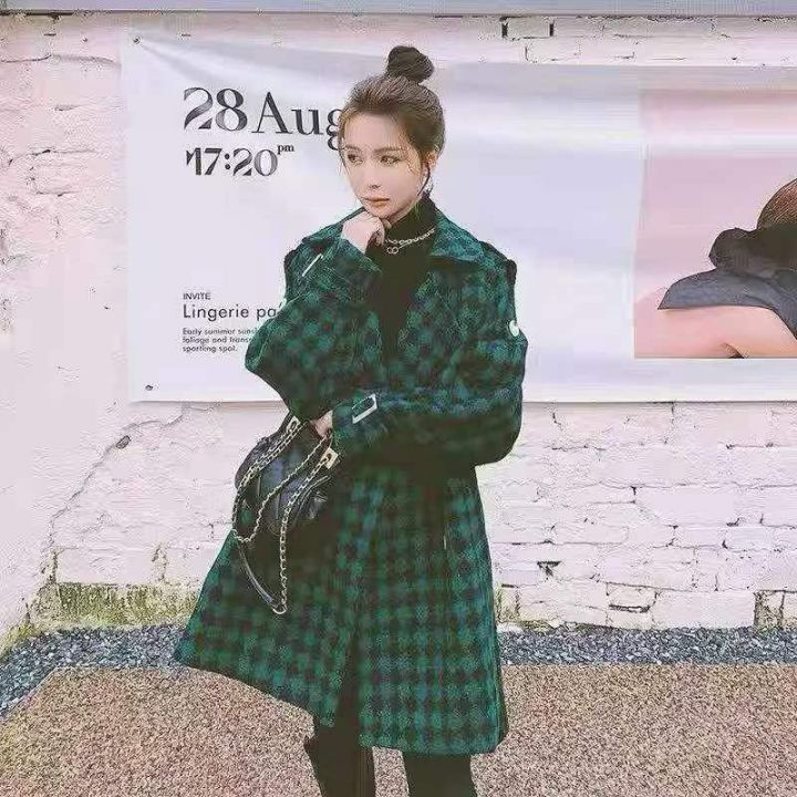绿黑格纹羊毛大衣 女
